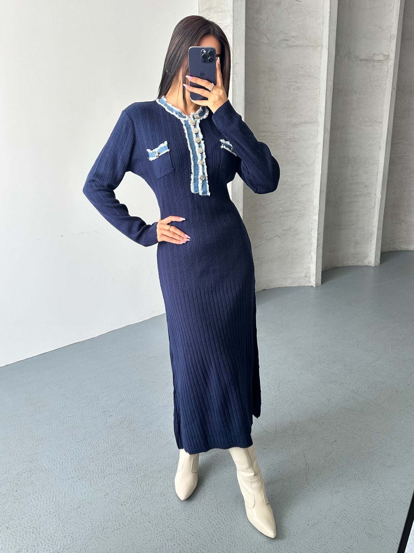 Ayla Uzun Triko Kot Detaylı Elbise