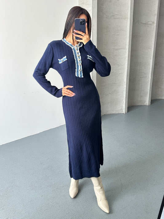 Ayla Uzun Triko Kot Detaylı Elbise