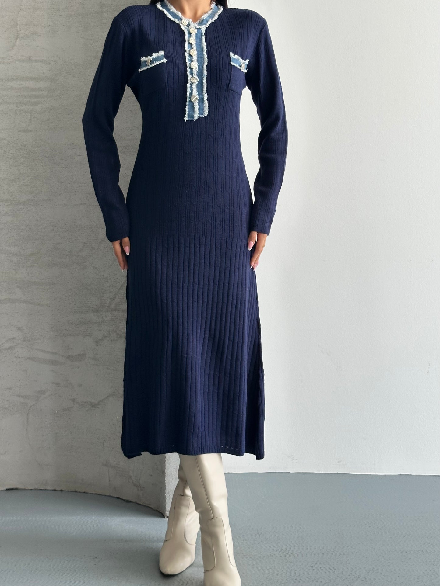 Ayla Uzun Triko Kot Detaylı Elbise