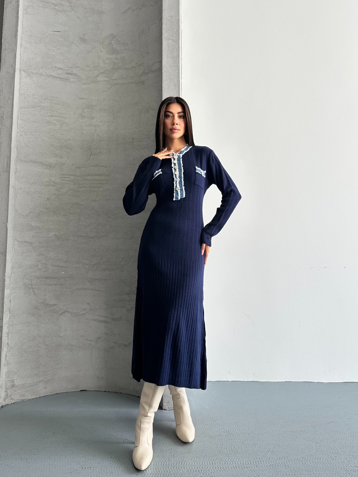 Ayla Uzun Triko Kot Detaylı Elbise