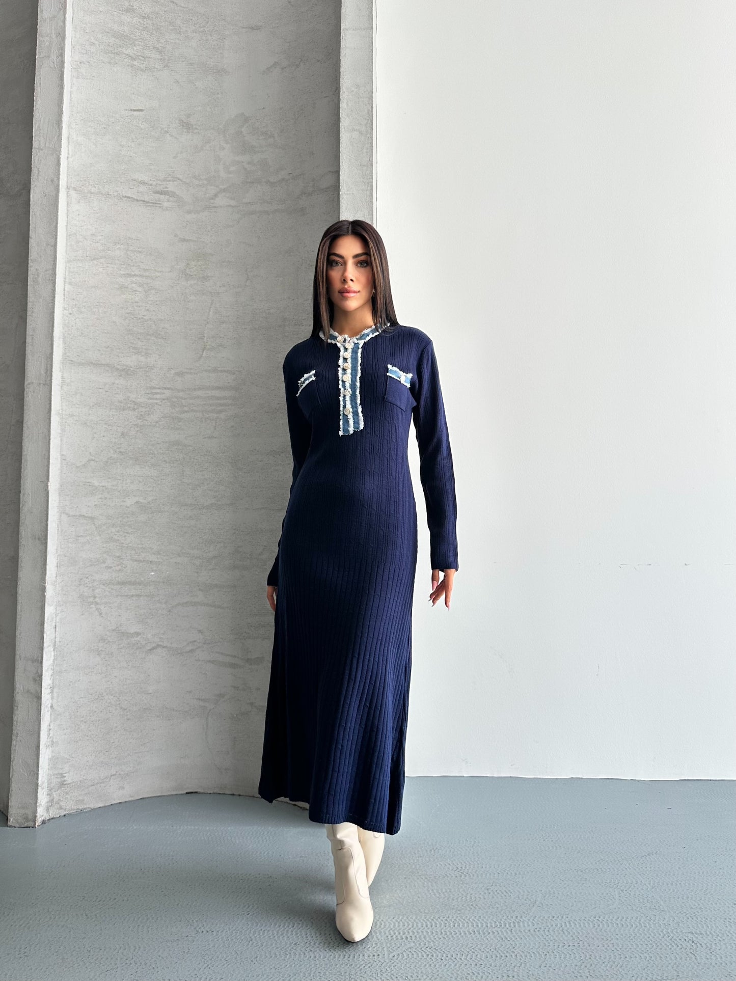 Ayla Uzun Triko Kot Detaylı Elbise