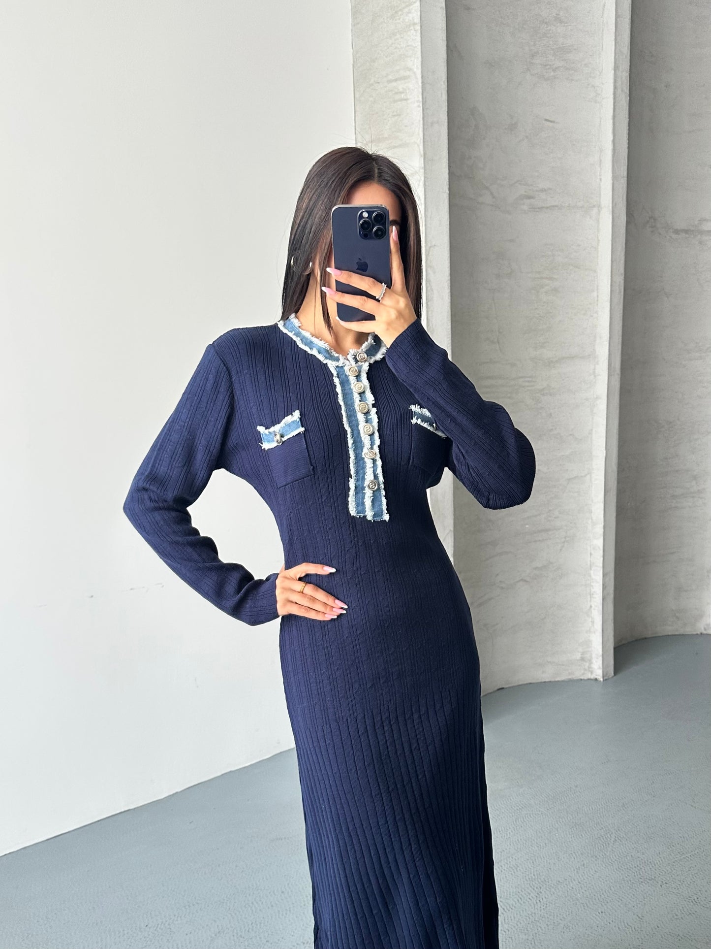 Ayla Uzun Triko Kot Detaylı Elbise