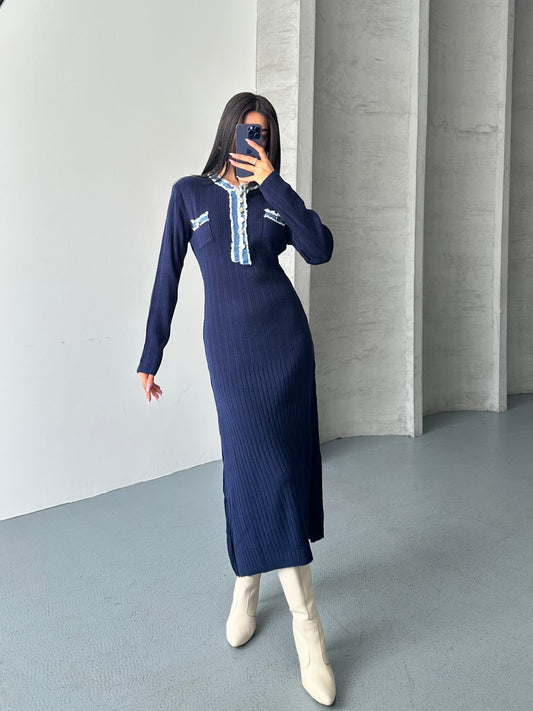 Ayla Uzun Triko Kot Detaylı Elbise