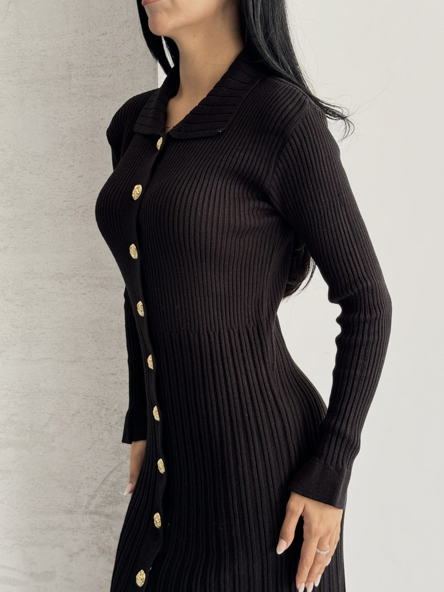 Kelly Triko Sık Dokuma Altın Düğme Elbise Siyah