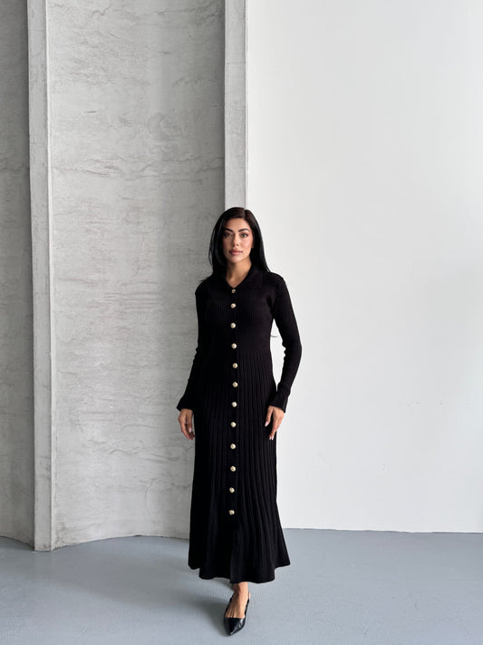 Kelly Triko Sık Dokuma Altın Düğme Elbise Siyah