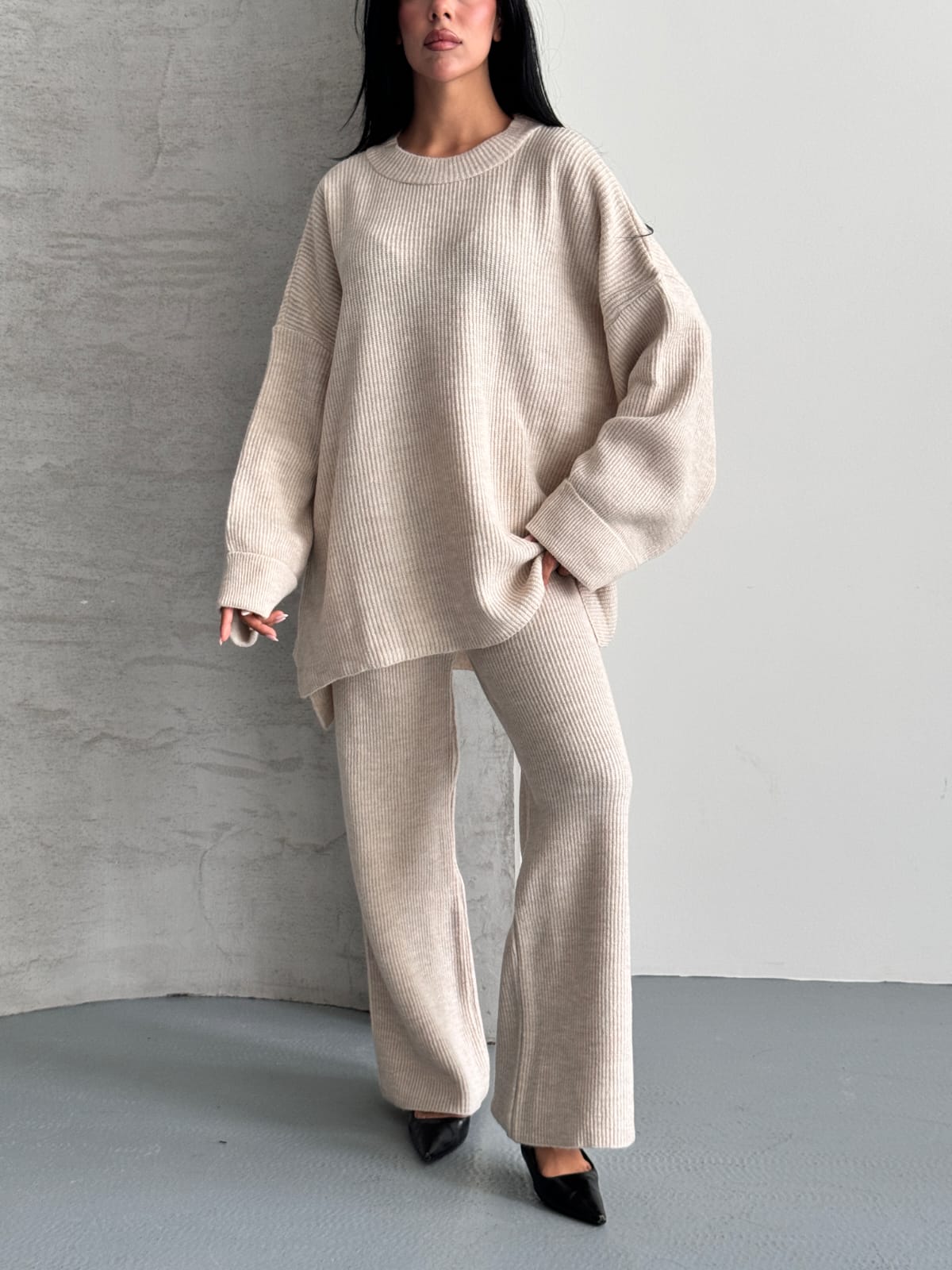 Merry Kalın Triko Takım Oversize Ekru