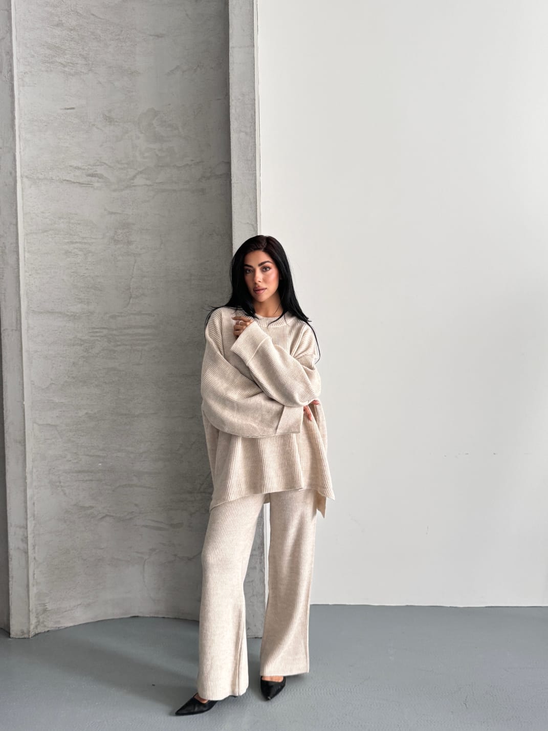 Merry Kalın Triko Takım Oversize Ekru