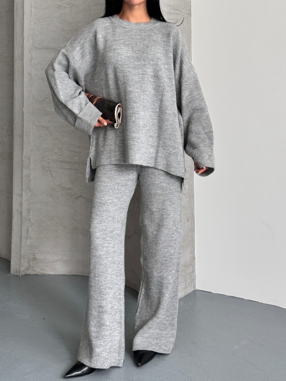 Merry Kalın Triko Takım Oversize gri