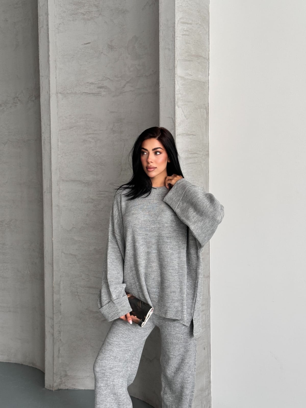 Merry Kalın Triko Takım Oversize gri